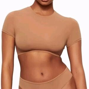 SKIMS New Tan Sienna Fits Everybody Cropped Stretch Mesh Tee Top Womens SZ 2X